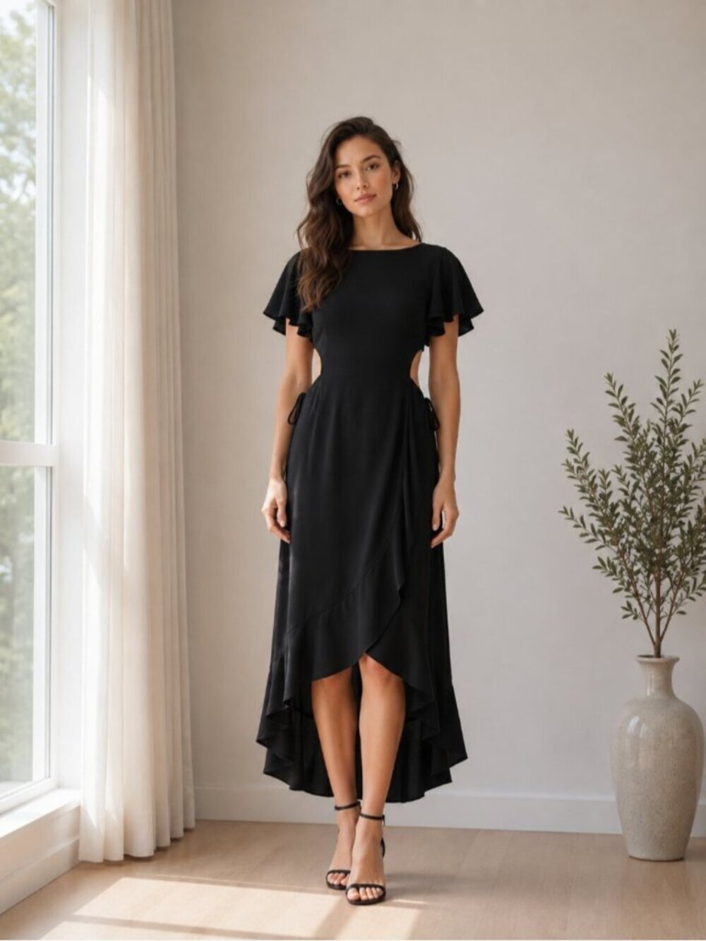 HYFVE Black Cutout Maxi Dress Flutter Sleeve Tie Waist S 0603